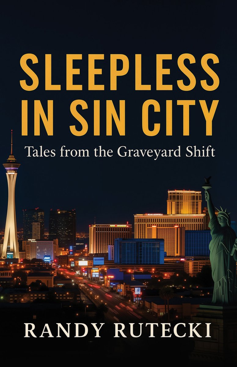 Sleepless in Sin City book cover: the Las Vegas Strip at night under gold title lettering